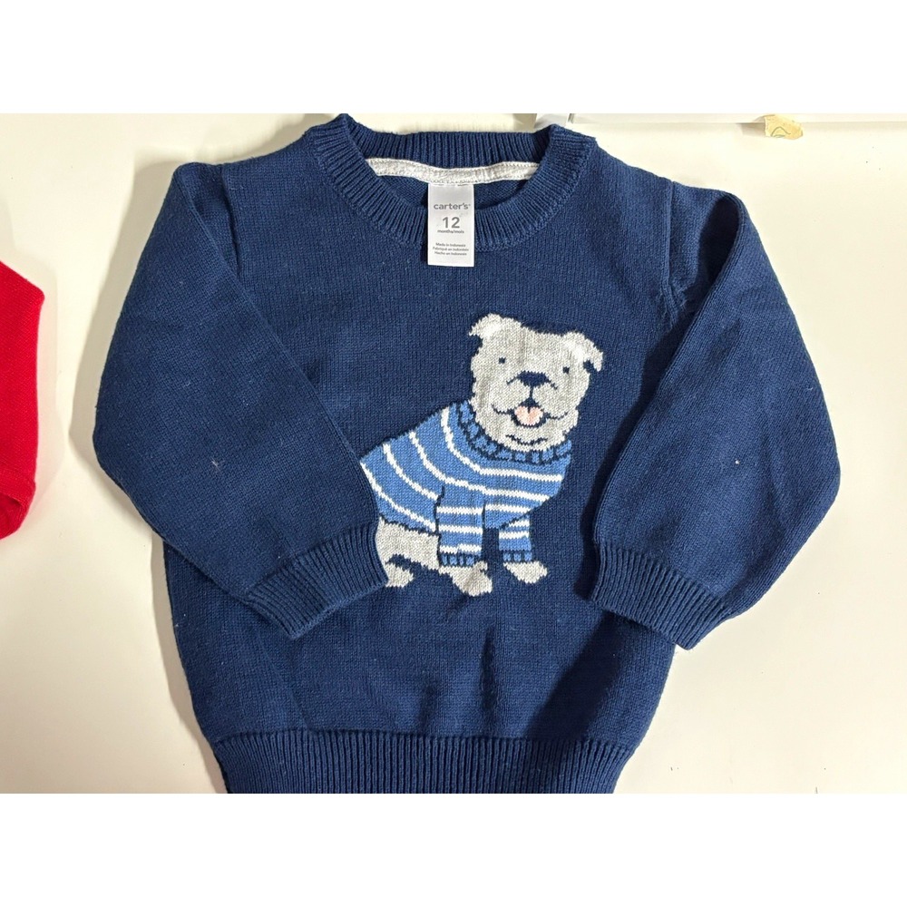 Carter's Blue Knit Cotton Pullover Sweater Bulldog Animal Print 12M